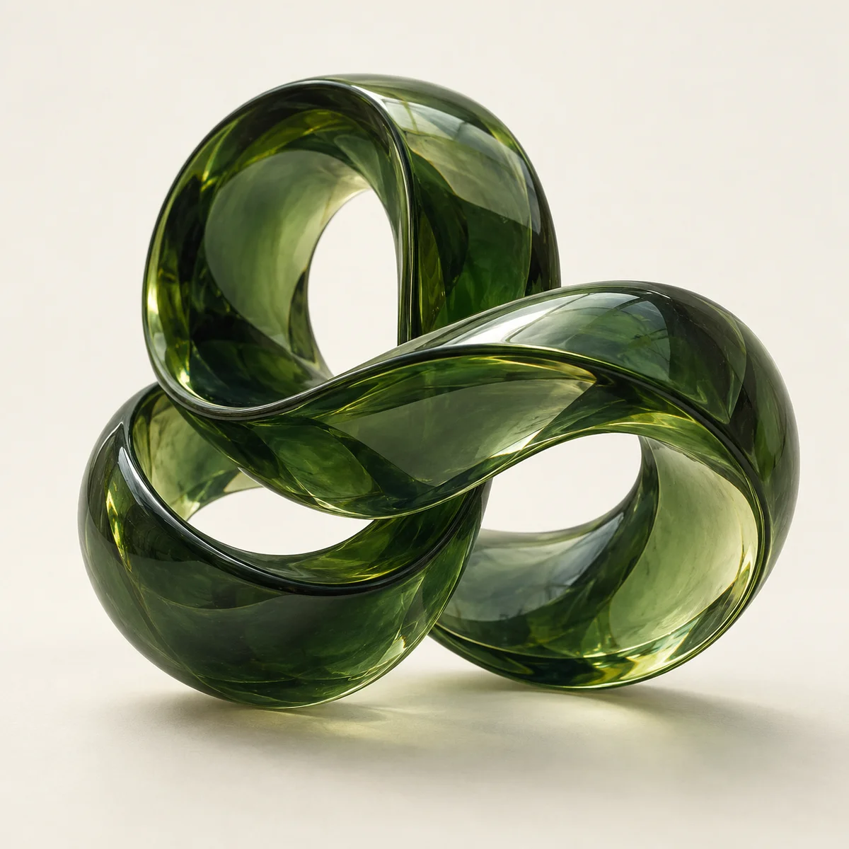 A sculptural loop of forest-green glass, connecting into one continuous form